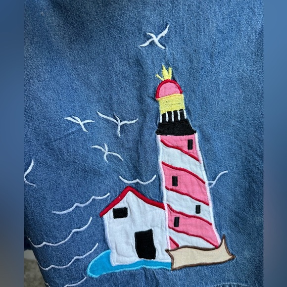 Vintage Denim Dress Nautical Embroidery Pockets Coastal Grandma L - Picture 7 of 10